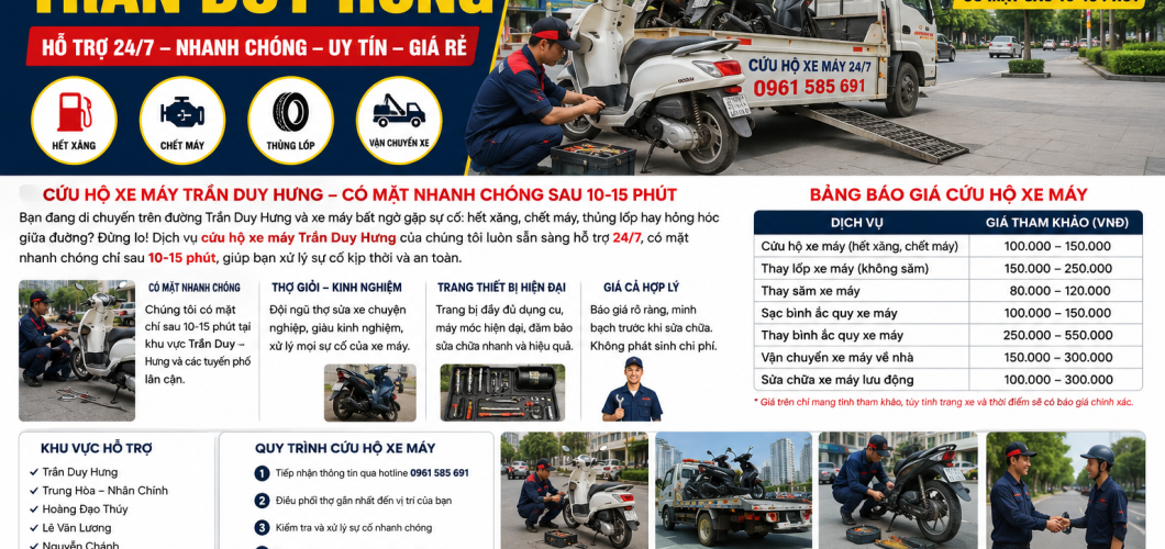 Cứu hộ xe máy Trần Duy Hưng 24/7 hotline 0961585691